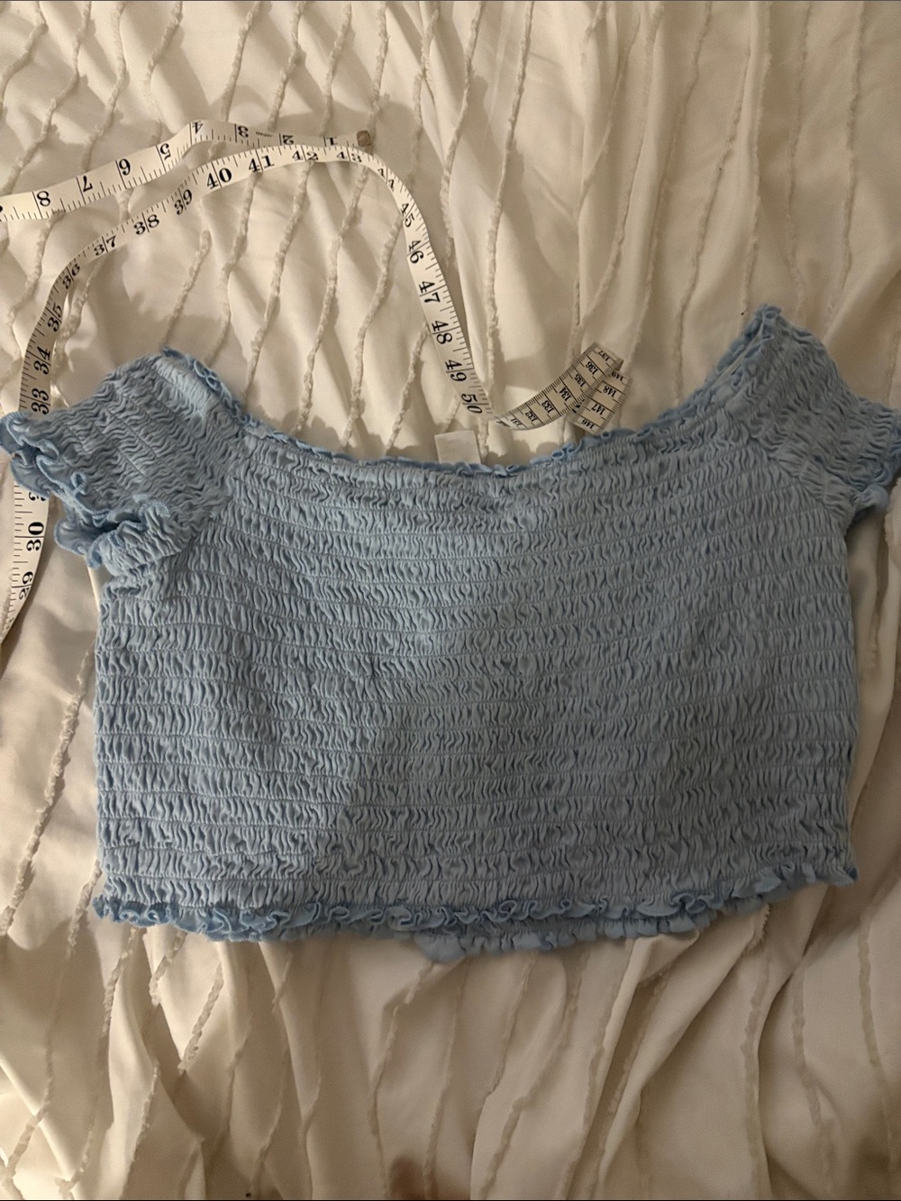 Light Blue Smocked Off-Shoulder Crop Top